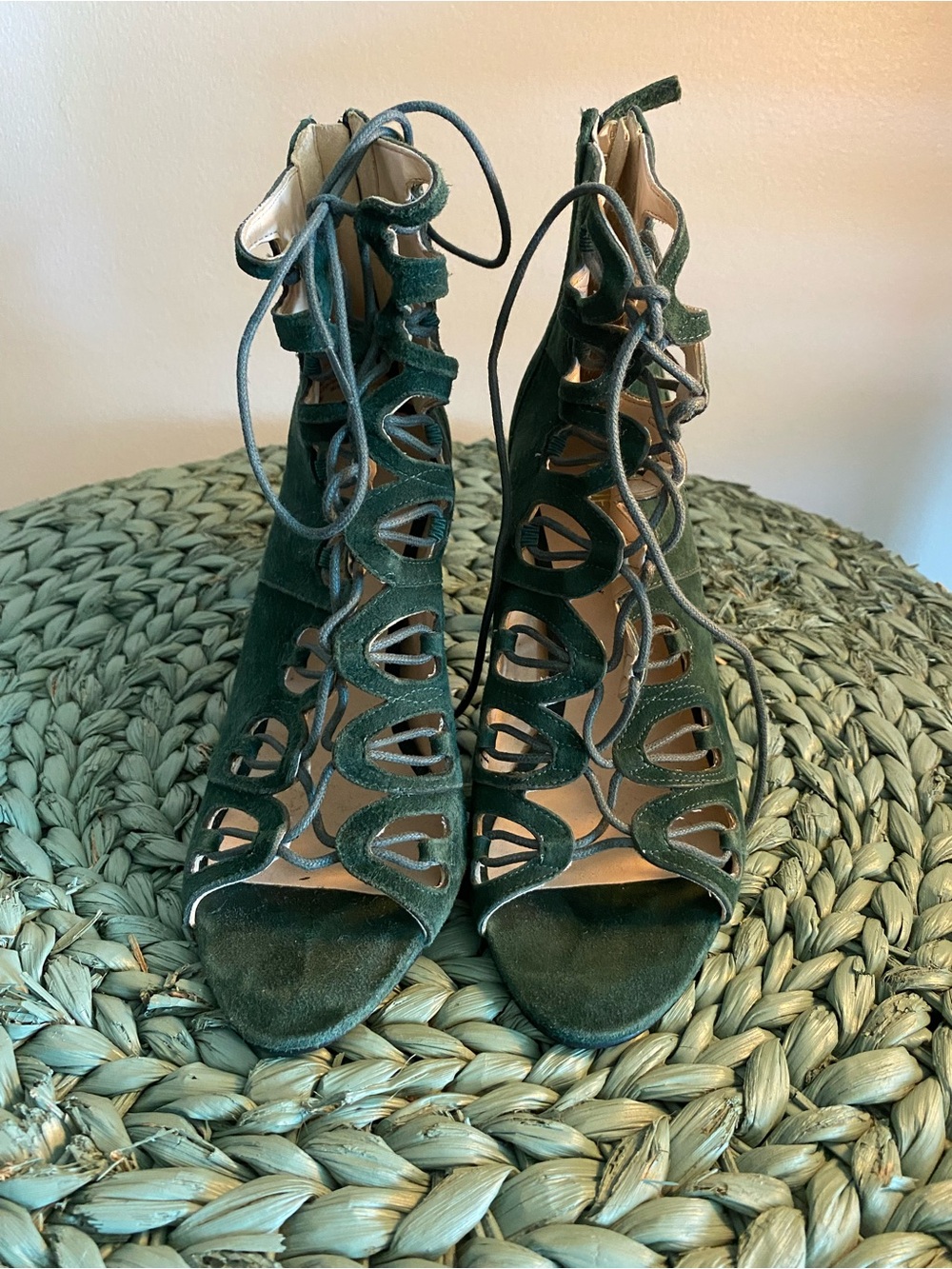 Nine West Dark Green Suede Lace-Up Cutout Heels